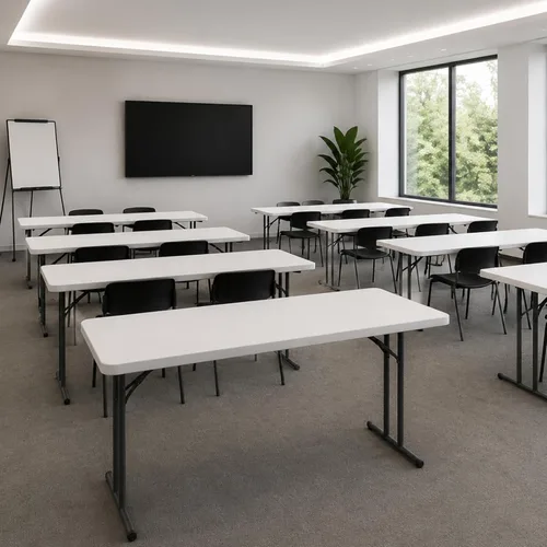 Vista 2 de Mesa plegable de 5 pies, estrecha, portátil, de plástico, resistente, mesa de seminario rectangular de polietileno de alta densidad con asa