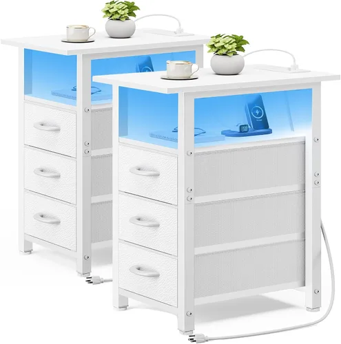 Vista 12 de Vagusicc Mesita de noche negra con estación de carga y luces LED, mesa auxiliar estrecha, mesita de noche LED con 3 cajones de tela para dormitorio