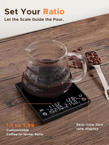 Vista 3 de Báscula de café con temporizador automático, báscula de café recargable con temporizador, relaciones y pantalla de caudal, 3 modos, grado barista