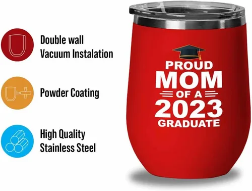 Vista 2 de Vaso de vino tinto de graduación 2023 de 12 onzas – orgullosa mamá de graduada 2023 – Felicitaciones para estudiantes de secundaria universitaria