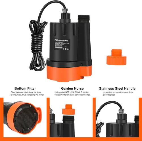 Vista 4 de Bomba de agua sumergible, 1/3 HP 2500 GPH Bomba de drenaje de agua limpia eléctrica portátil para drenaje de piscinas, inundaciones, piscina y sótano