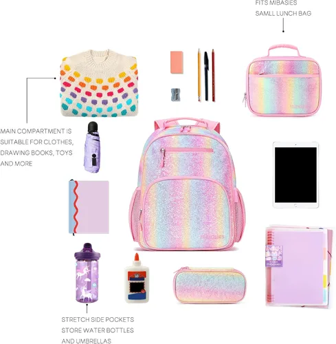Vista 6 de mibasies Mochila para niñas y niños, ideal para niños y niñas, mochila para preescolar jardín de infantes y primaria, Glitter Rainbow, Niños-15"H