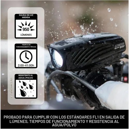 Vista 2 de NiteRider Lumina Micro - Luz delantera recargable USB-C de 950 lúmenes – 5 modos de luz LED compacta, IP64 impermeable para ciclismo de carretera
