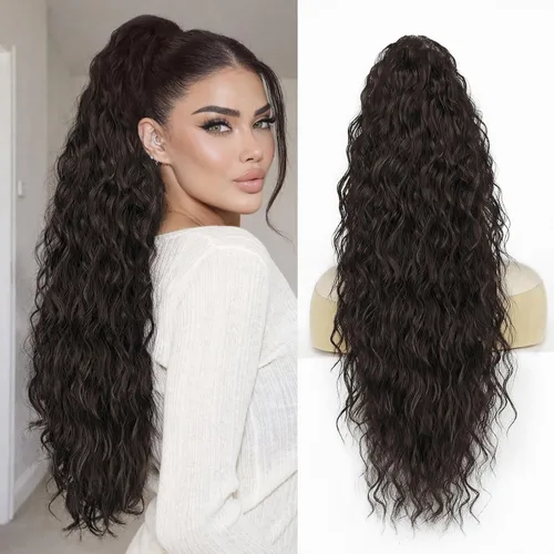 Vista 19 de Extensión de cola de caballo con cordón, extensión de cola de caballo larga y rizada para mujeres negras, extensiones de cabello negro de 26
