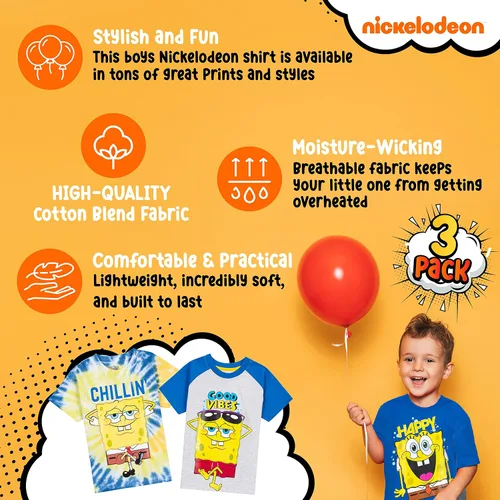 Vista 5 de Nickelodeon Spongebob or Rugrats 3 Pack Boy's Graphic Tees, Cute Short Sleeve T-Shirts for Boys Pack of 3