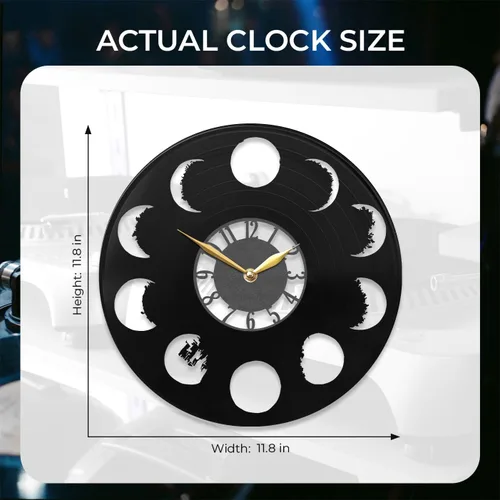 Vista 3 de Reloj de pared con luz LED, arte de pared de fases de la luna, decoración de fases lunares, regalo de ciclo lunar, disco de vinilo negro