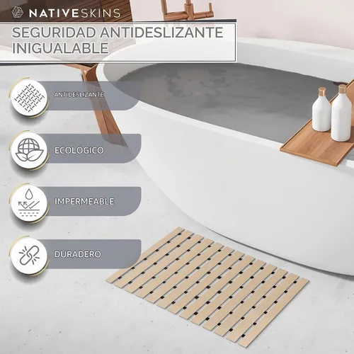 Vista 7 de NativeSkins Tapete de ducha de bambú sintético (beige), forro de seguridad antideslizante, impermeable, de secado rápido, tapete de baño de listones