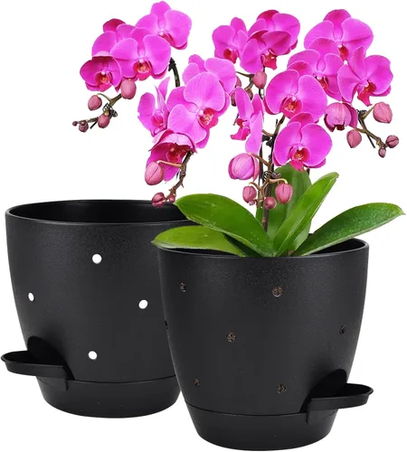 Vista 10 de 6 Inch Orchid Pot, 2 Pack Self Watering Plant Pots, Orchid Pots with Holes Blanco+Marrón
