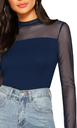 Vista 3 de Top SweatyRocks para mujer de manga larga, con malla transparente de contraste, ajustado