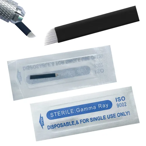 Vista 10 de Agujas de microblading de 0.007 in, agujas desechables de tatuaje de cejas para máquina de maquillaje permanente Manual de suministros (Negro S7)