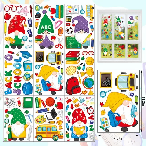 Vista 2 de 9 hojas de calcomanías de ventana de regreso a clases, libro de gnomos, autobús escolar, calcomanías de doble cara reutilizables estáticas ABC Apple