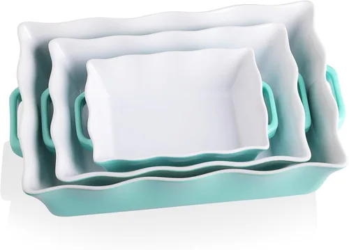 Vista 8 de Sweejar Cacerola para horno, fuente de cerámica para hornear de 9 x 13 pulgadas, utensilios para hornear con borde ondulado con asas, bandeja