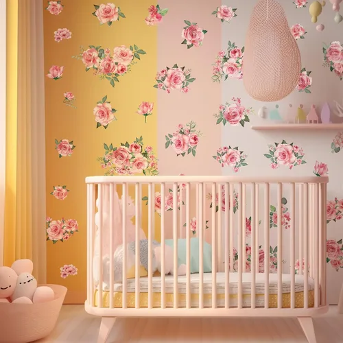 Vista 8 de Calcomanías de pared de flores rosas y hojas verdes, calcomanías de pared extraíbles para jardín para dormitorio y sala de estar