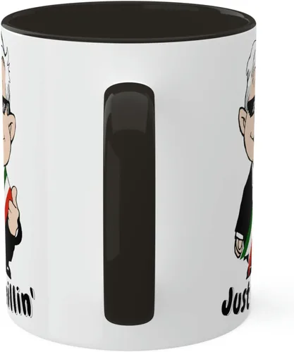 Vista 6 de MEXICANDOO AMLO - Taza de café Just Chillin, divertida caricatura, Muñeco AMLITO, taza de cerámica blanca brillante con colores vibrantes