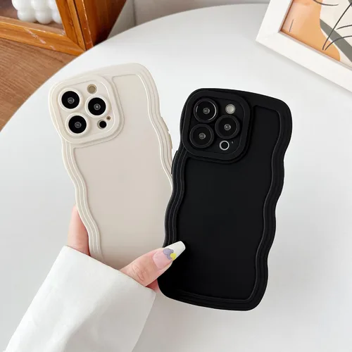 Vista 3 de Caseative Funda para iPhone 13 Pro, funda suave de color sólido con marco de onda rizada (negro)
