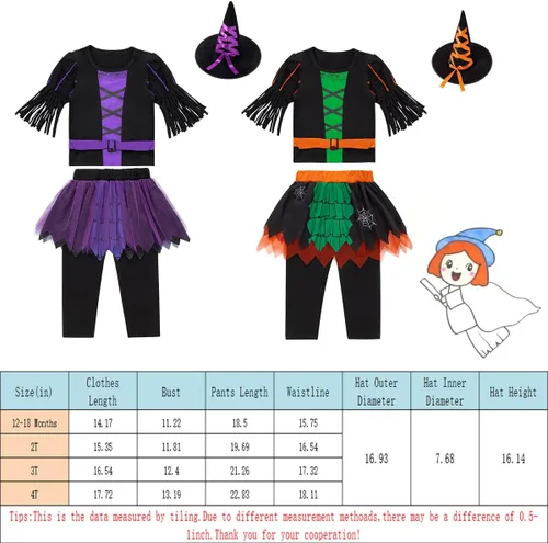 Vista 7 de Conjunto de falda de Halloween para niña pequeña con sombrero de cuento de hadas verde y morado