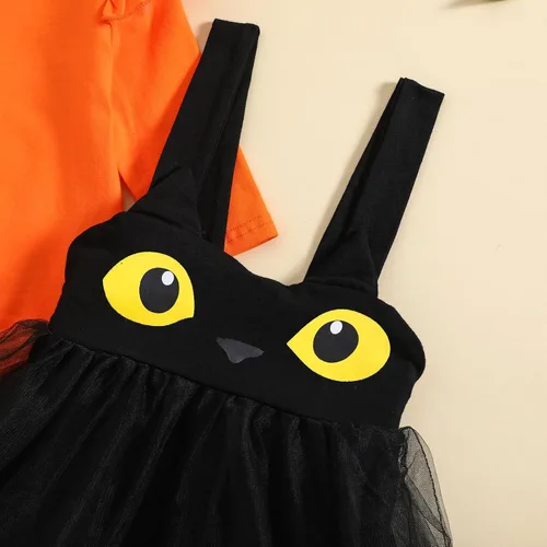 Vista 5 de Disfraz de Halloween para niñas pequeñas, body de manga larga con tirantes de tul, falda de gato, diadema, lindos trajes para recién nacidos