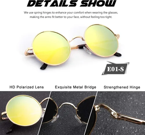 Vista 5 de CGID Gafas de sol polarizadas redondas retro para hombre y mujer, círculo, metal, hippie, protección UV400, E01
