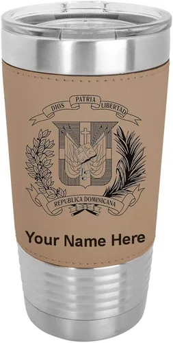 Vista 17 de LaserGram Vaso aislado al vacío de 20 onzas, escudo de armas, República Dominicana, grabado personalizado incluido (piel sintética, estilo béisbol)