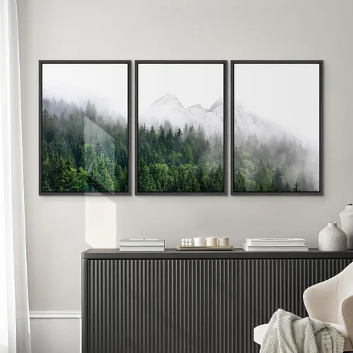 Vista 593 de SIGNWIN Lienzo enmarcado para pared, juego de arte pastel con cadena montañosa, bosque, niebla, naturaleza silvestre, ilustraciones modernas, arte