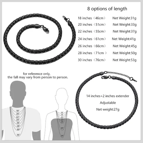Vista 3 de PROSTEEL Stylish Stainless Steel Flat Box Chain Necklace, SilverGoldBlack Tone, Nickel-Free, Hypoallergenic Jewelry, 14-30, Come Gift Box