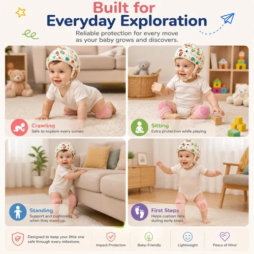 Vista 6 de Juego de protectores de cabeza y rodilleras para bebé, casco de bebé suave y ajustable para gatear, gorra de protección de cabeza infantil con 5