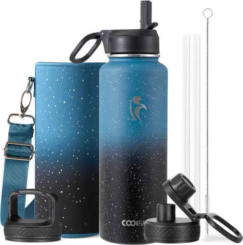 Vista 96 de Coolflask Botella de agua de 20 onzas aislada con pajilla, 3 tapas de metal de acero inoxidable, botella de agua de boca ancha para deportes u