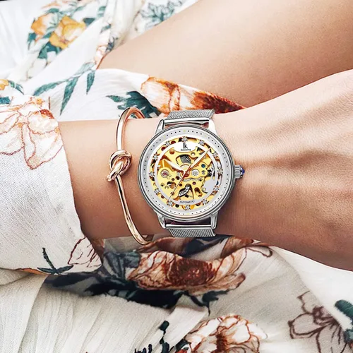 Vista 2 de Gute Reloj de pulsera mecánico de lujo para mujer, esqueleto de acero inoxidable, steampunk automático, cuerda automática
