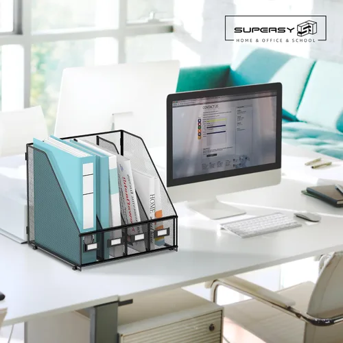 Vista 6 de SUPEASY Organizador de escritorio para revistas, soporte de carpetas de metal con 4 compartimentos de estante, organizador de archivos para oficina