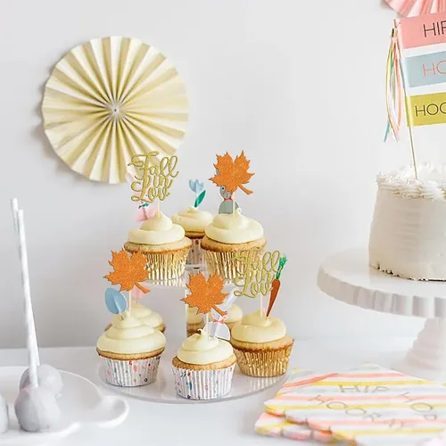 Vista 7 de Rsstarxi Paquete de 24 adornos para cupcakes con purpurina de otoño de hojas de arce de otoño, palillos para cupcakes, decoración de pasteles