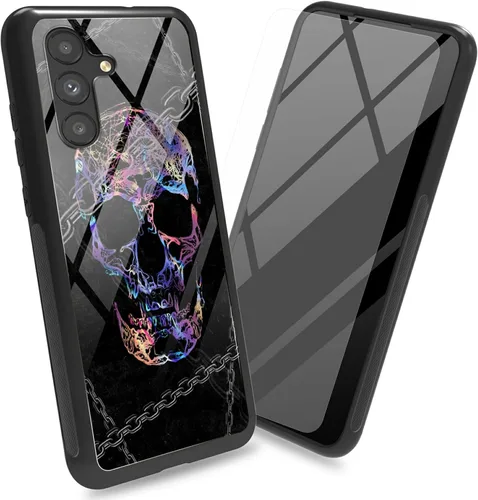 Vista 13 de Funda para Samsung Galaxy A13 5G con protector de pantalla, cubierta trasera de vidrio templado, diseño de flores de gato negro, marco de Flores
