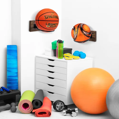 Vista 7 de MyGift Juego de 2 soportes de bolas deportivas de madera y metal para montar en la pared