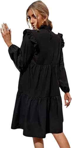 Vista 2 de SheIn Vestido tipo túnica para mujer, holgado, cuello alto, vestido por debajo de la rodilla, manga larga, dobladillo con volantes, vestido de cambio