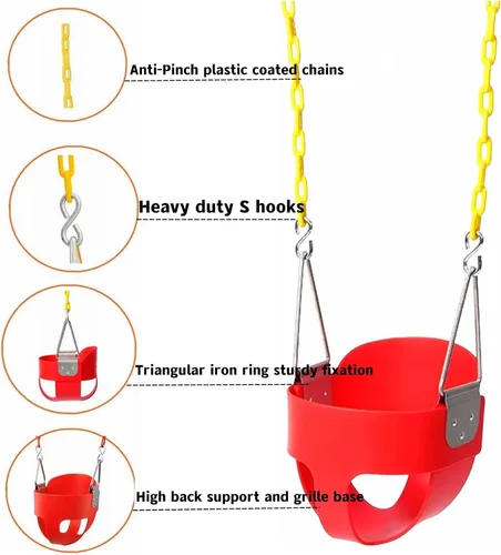 Vista 4 de Asiento de columpio para niño con respaldo alto y respaldo alto Cadenas de columpio revestidas totalmente montadas Juego de columpio rojo