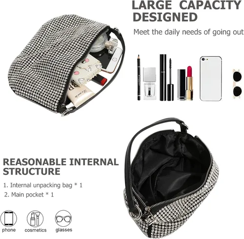 Vista 4 de Sweetovo Bolso cruzado con diamantes de imitación de cristal brillante para mujer 2023 con cadena larga para fiesta, porno y boda, plateado