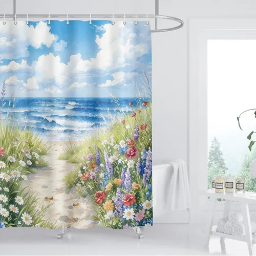 Vista 2 de Cortina de ducha de playa, primavera, costera, playa, mar, océano, floral, naturaleza, paisaje, acuarela, camino de flores silvestres, playa Playa
