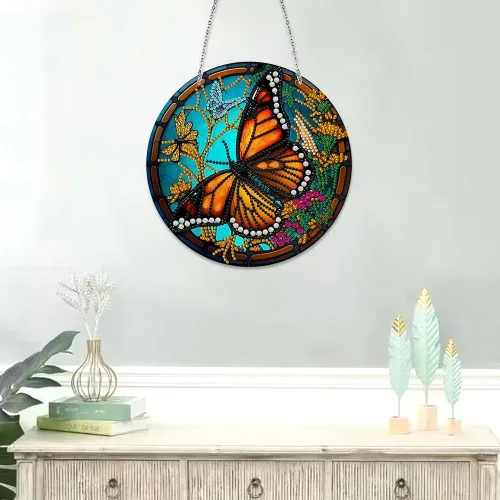 Vista 3 de LUSandy Kit de pintura de diamante de mariposa 5D para bricolaje, letrero de arte de pared, diseño de mariposa, diamante, atrapasoles, adorno