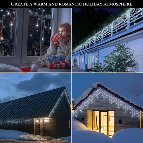 Vista 5 de oopswow 200 luces LED de carámbano de 16.5 pies para exteriores, cortina de carámbano blanca, 40 gotas, 8 modos con temporizador, luz de estrella