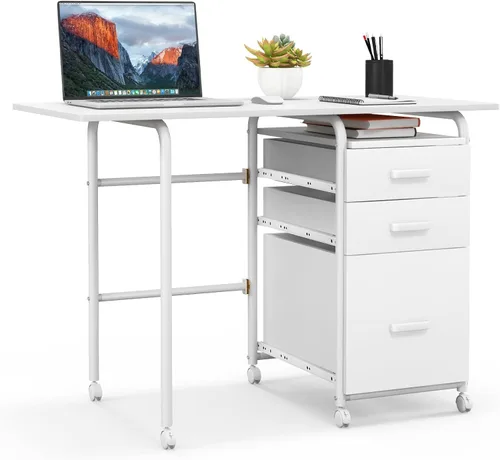 Vista 9 de Giantex Escritorio plegable para espacio pequeño, escritorio de oficina en casa rodante con 3 cajones y ruedas universales con cerradura, escritorio