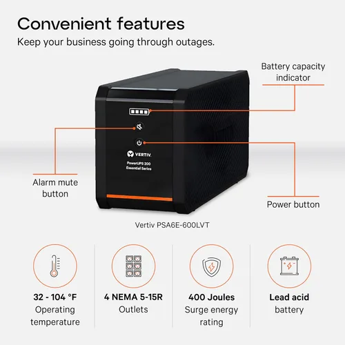 Vista 3 de Vertiv PSA6E-600LVT 600VA y 360W PowerUPS 200 Essential 120V Line Interactive Desktop UPS