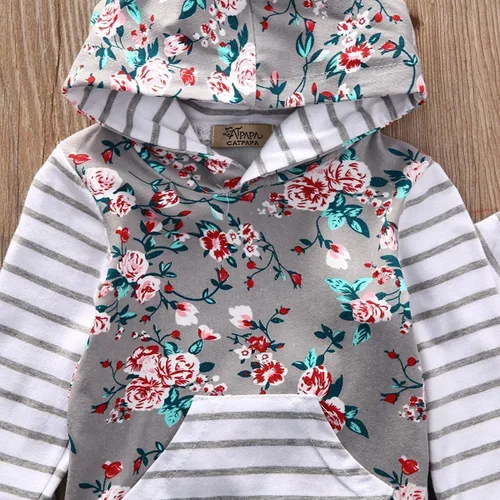 Vista 3 de Conjunto de dos piezas con sudadera de flores, con capucha, bolsillo y pantalones a rayas, para bebé (niña), 0-6 meses, gris
