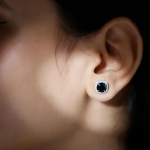 Vista 3 de Aretes de ónix negro vintage de 12 CT con halo de diamantes (calidad AAA)