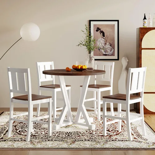 Vista 12 de Juego de mesa de comedor de madera de 5 piezas, mesa de comedor redonda extensible con 4 sillas de comedor, juego de mesa de cocina