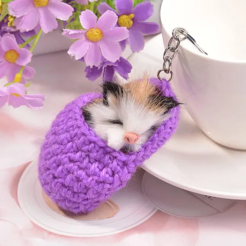 Vista 2 de Llavero de felpa con colgante para gato, pantuflas, llavero de gato dormido, adorno de gatito, accesorios de llave, colgante para mujeres y niñas