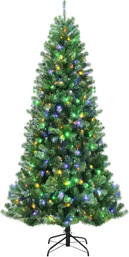 Vista 29 de HAPPYGRILL - Árbol de Navidad artificial preiluminado de 2.1 m, árbol de Navidad con nieve flocada y 320 luces LED multicolor, 8 modos de Snow Pe