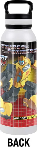 Vista 2 de Transformers OFICIAL Bumblebee White - Botella de agua aislada de 24 onzas, resistente a fugas, de acero inoxidable aislado al vacío con tapa