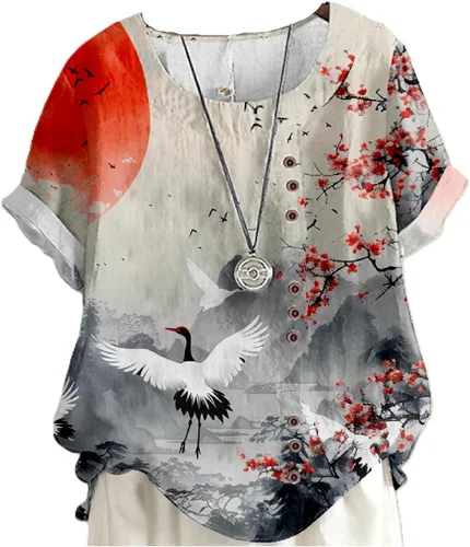 Vista 13 de domirica Flower Bird Printed Loose Boho Shirts Women Plus Size Summer Crew Neck Short Sleeve Blouses Colorido