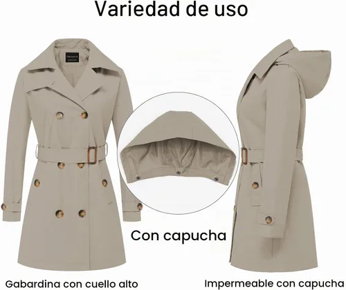 Vista 3 de CREATMO US Gabardina para mujer con doble botonadura clásica con solapa, con cinturón y capucha desmontable Albaricoque
