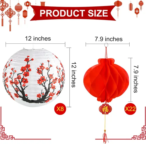 Vista 2 de Mototo Kit de 30 faroles de papel chinos japoneses, 12 pulgadas, flor de cerezo japonés con flor de cerezo rojo para festival de primavera, Año