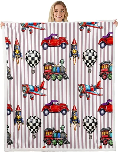 Vista 7 de Kids Train Flannel Blanket,Cartoon Car Bedroom Living Room Soft Cozy Fleece for Living Room Bedroom,Boys Girls Choo-Choo Train Tracks Blankets Decor
